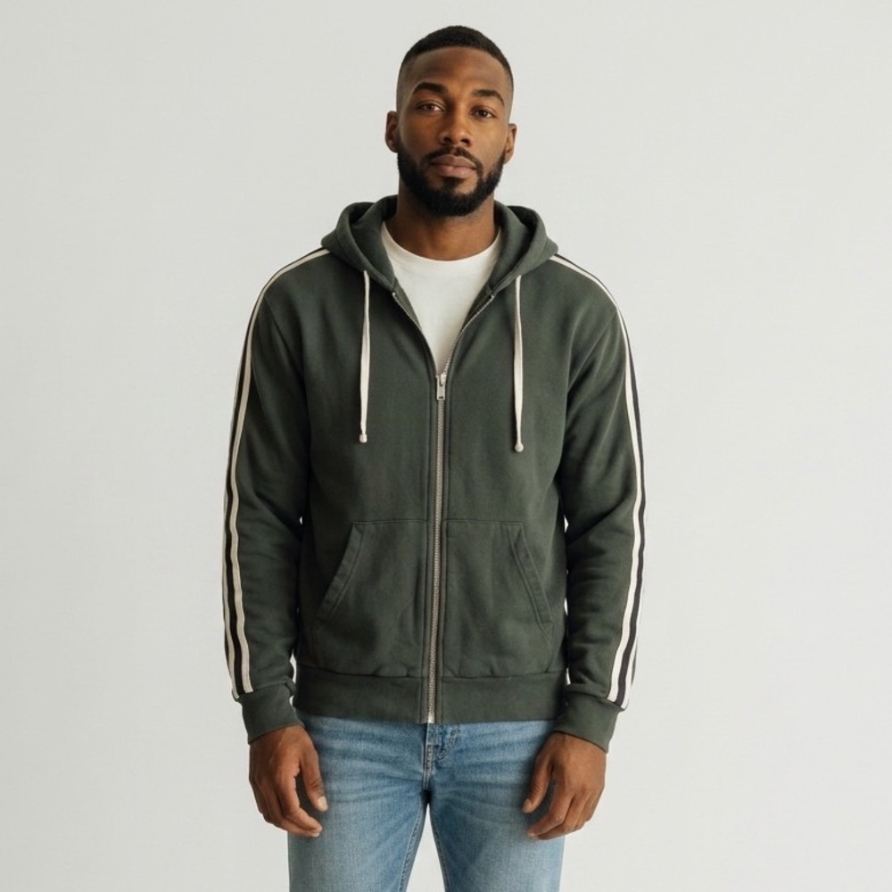 The Kooples Sport Men Relaxed Forst Green Side Stripe Zip Up Hoodie Sweatshirt M